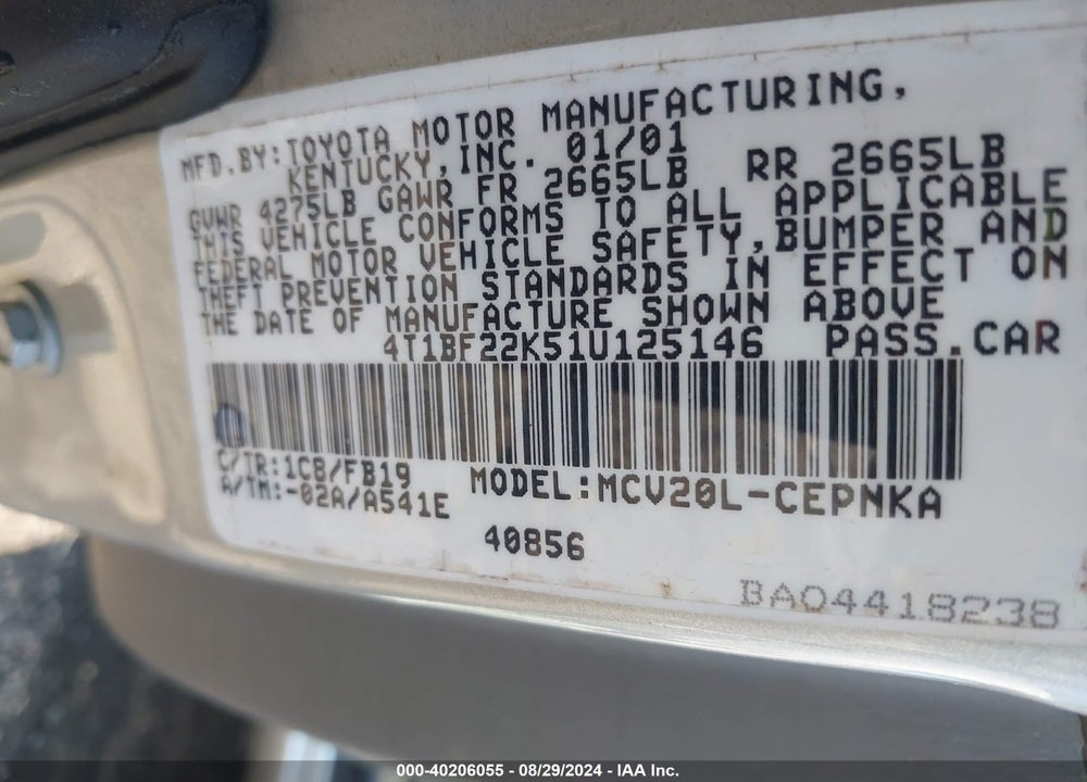 2001 TOYOTA CAMRY LE V6 VIN: 4T1BF22K51U125146