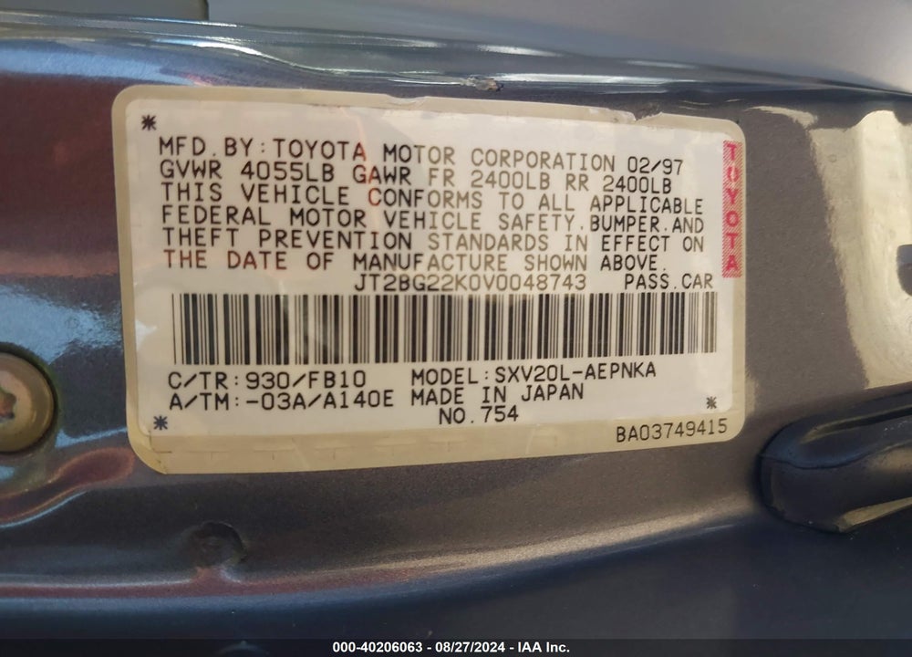 1997 TOYOTA CAMRY LE VIN: JT2BG22K0V0048743