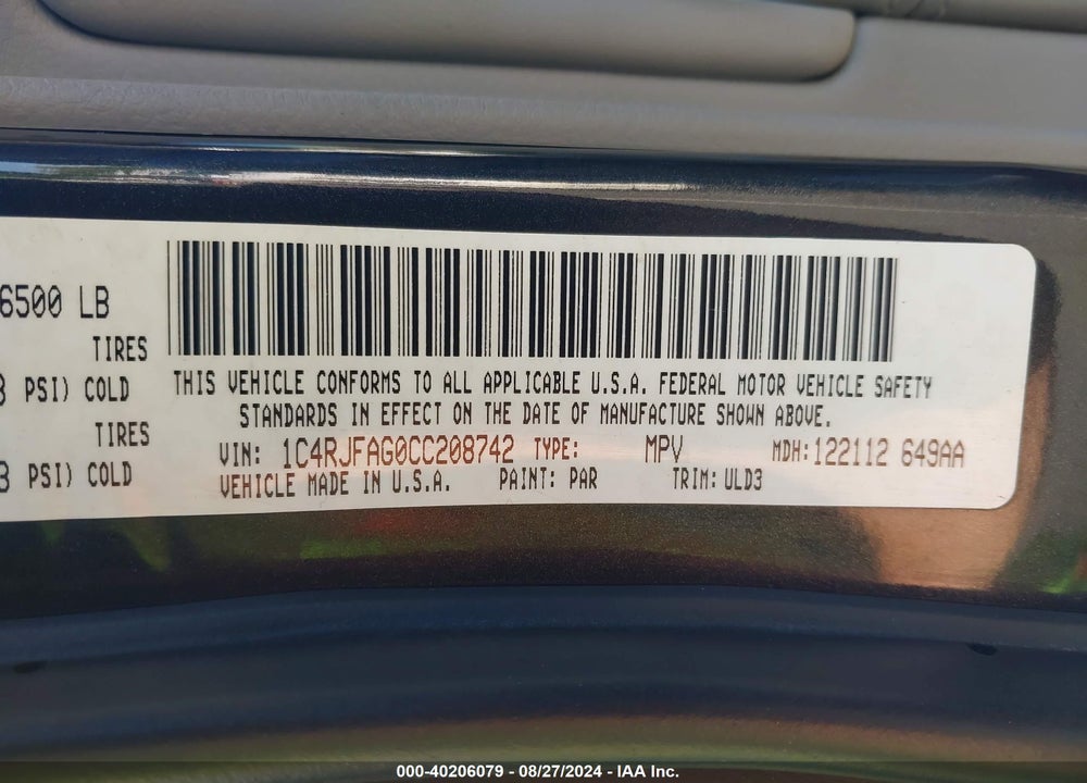 2012 JEEP GRAND CHEROKEE LAREDO VIN: 1C4RJFAG0CC208742