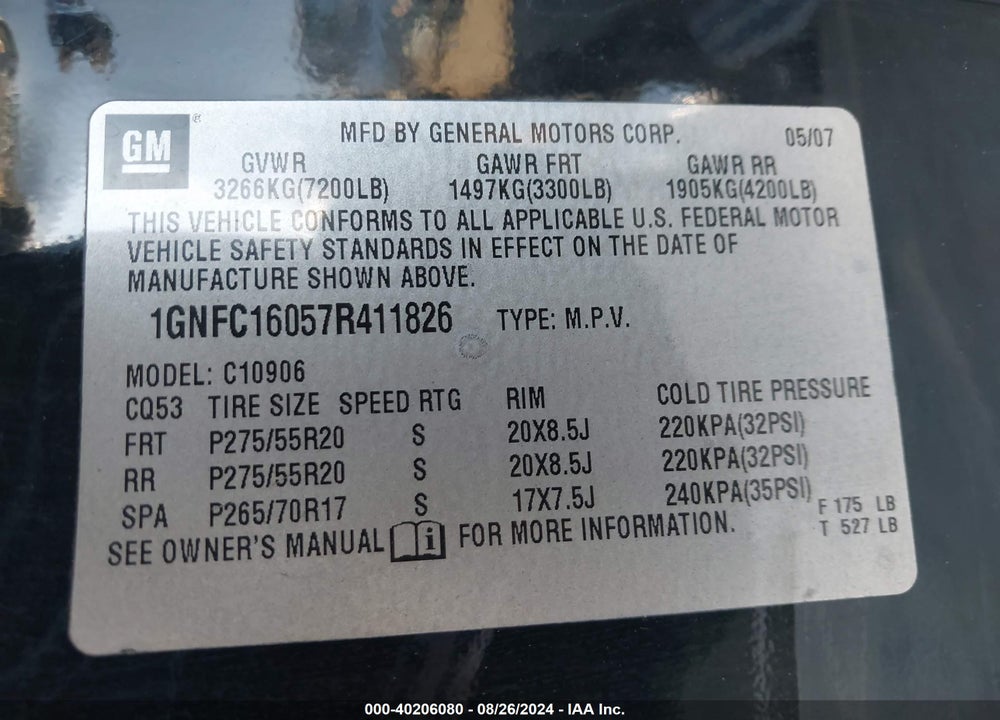 2007 CHEVROLET SUBURBAN 1500 LT VIN: 1GNFC16057R411826