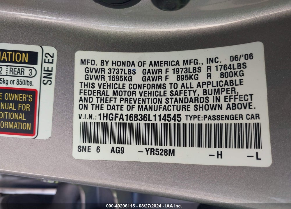 2006 HONDA CIVIC EX VIN: 1HGFA16836L114545