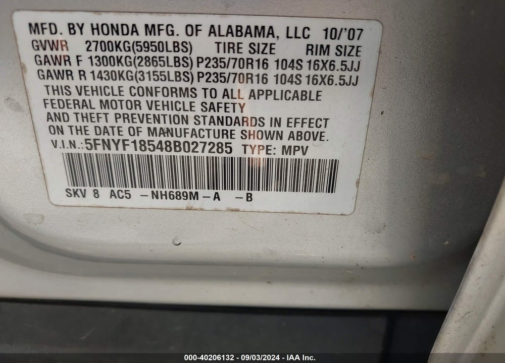 2008 HONDA PILOT VIN: 5FNYF18548B027285