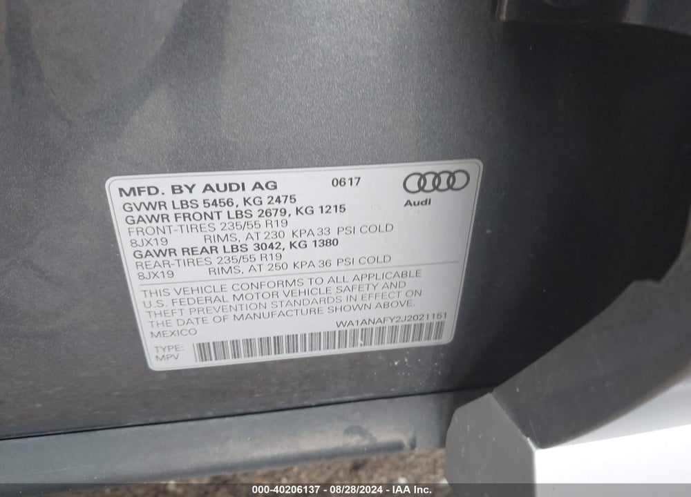 2018 AUDI Q5 2.0T PREMIUM/2.0T TECH PREMIUM VIN: WA1ANAFY2J2021151