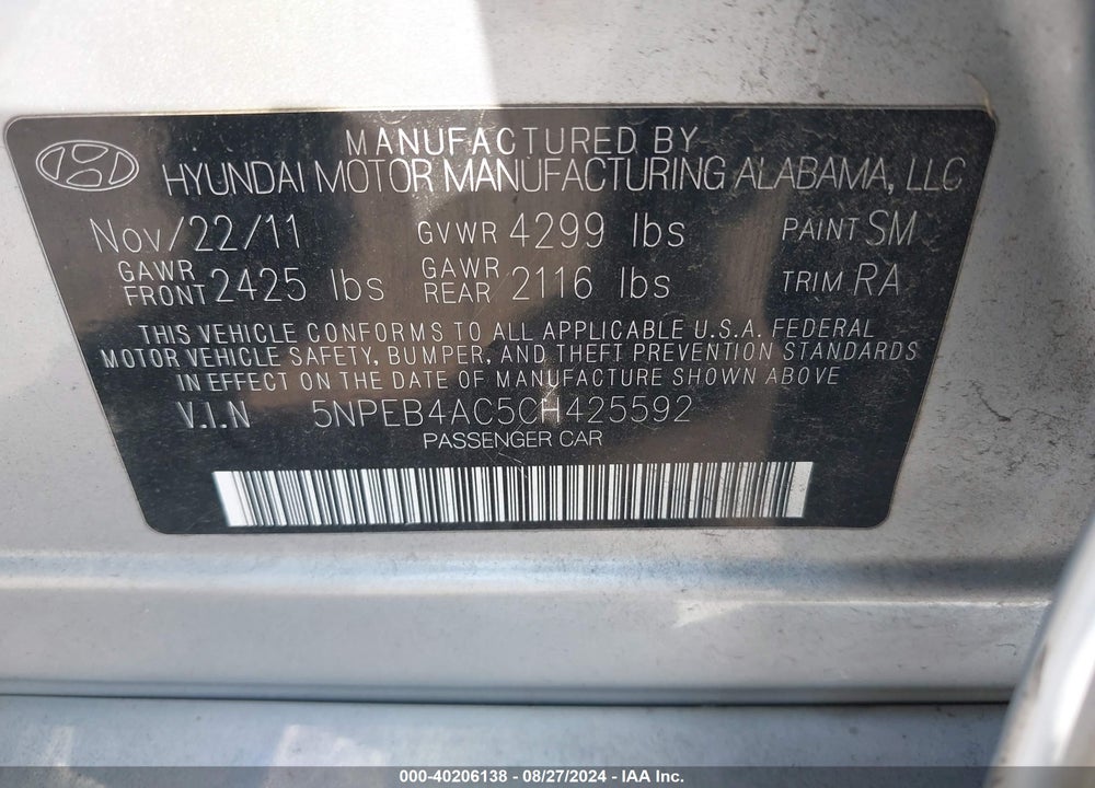 2012 HYUNDAI SONATA GLS VIN: 5NPEB4AC5CH425592