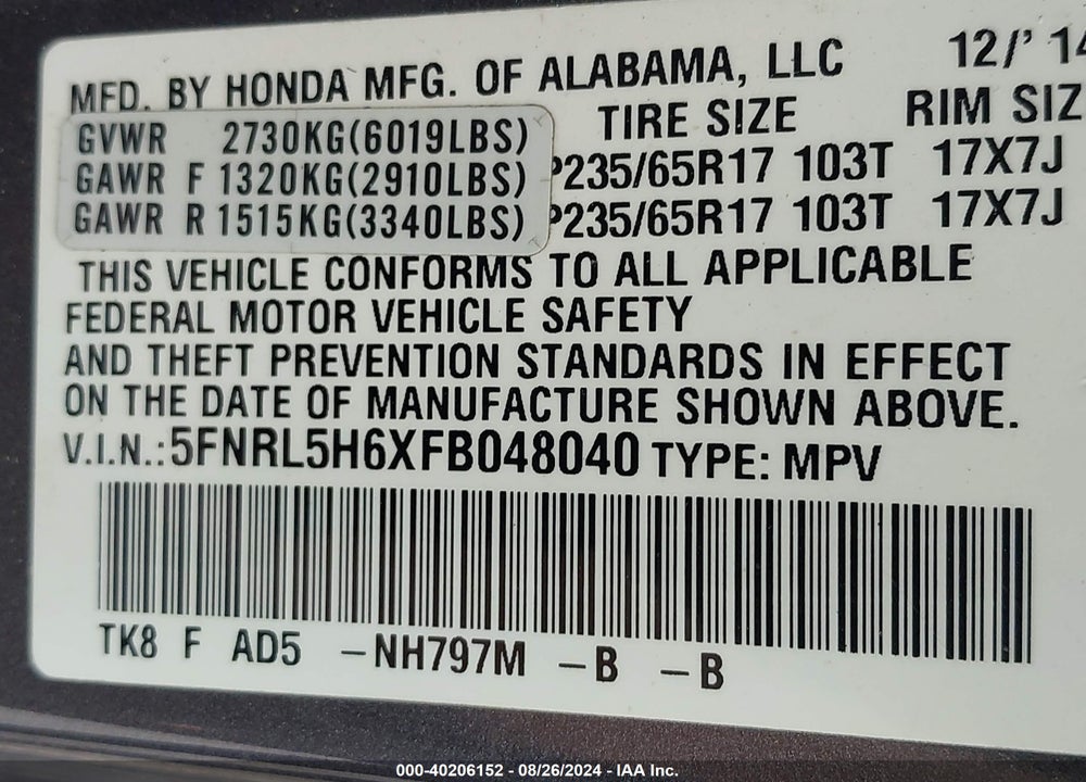 2015 HONDA ODYSSEY EX-L VIN: 5FNRL5H6XFB048040