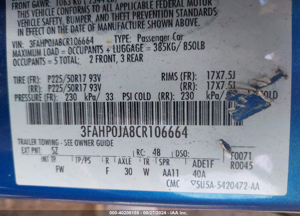 2012 FORD FUSION SEL VIN: 3FAHP0JA8CR106664
