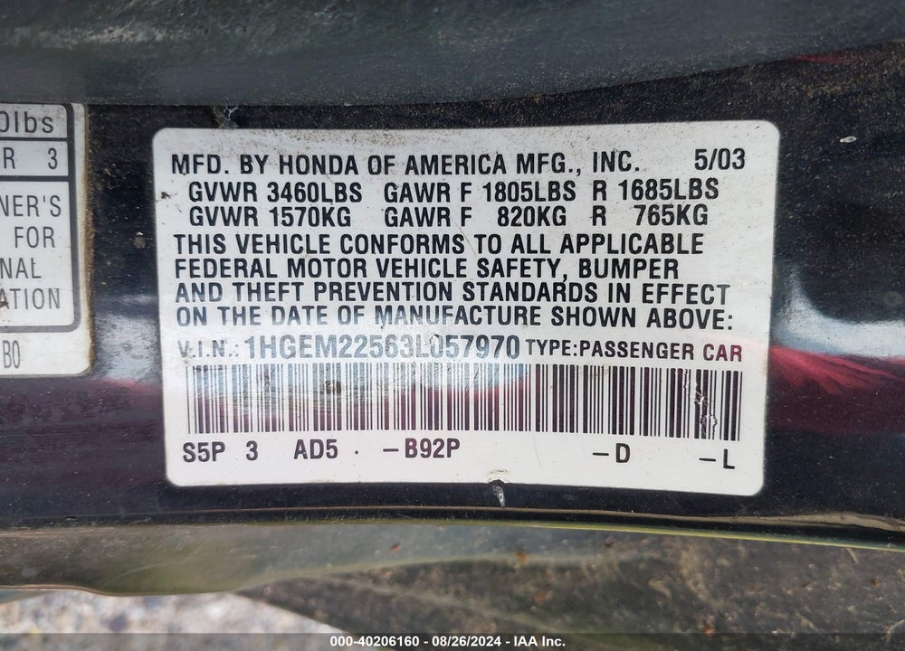 2003 HONDA CIVIC LX VIN: 1HGEM22563L057970
