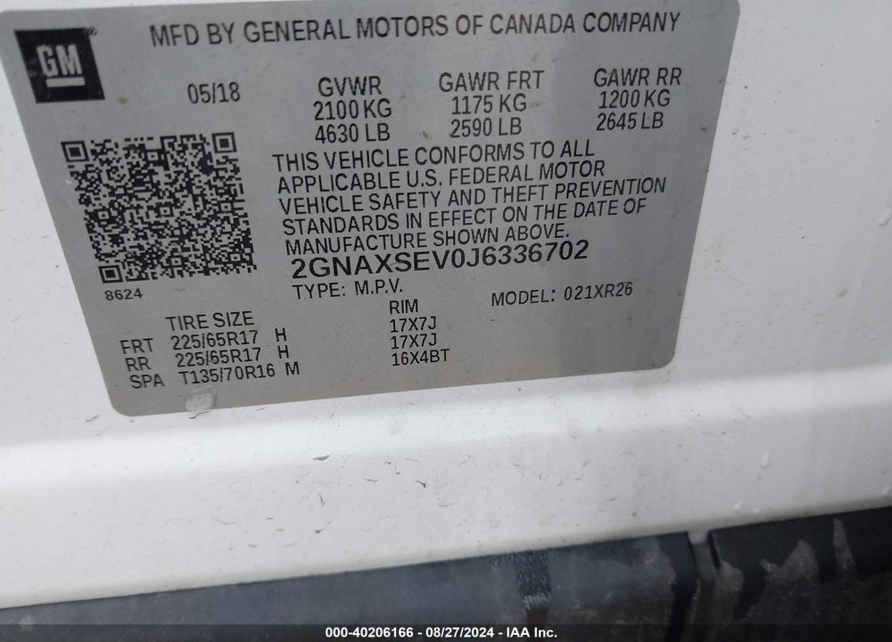 2018 CHEVROLET EQUINOX VIN: 2GNAXSEV0J6336702