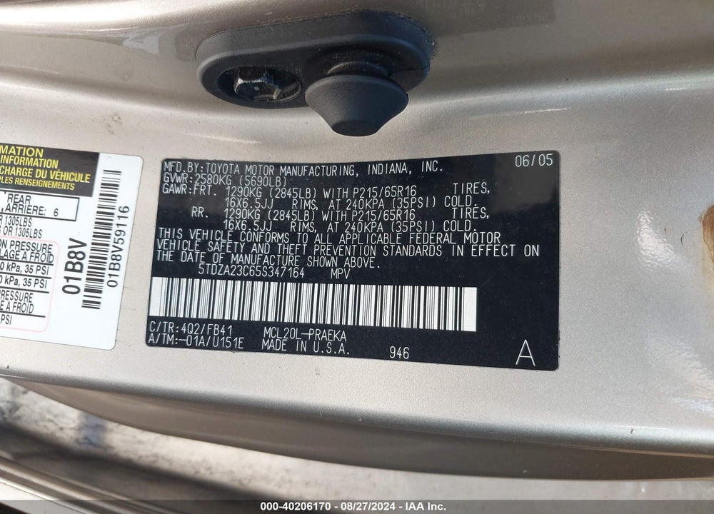 2005 TOYOTA SIENNA LE VIN: 5TDZA23C65S347164