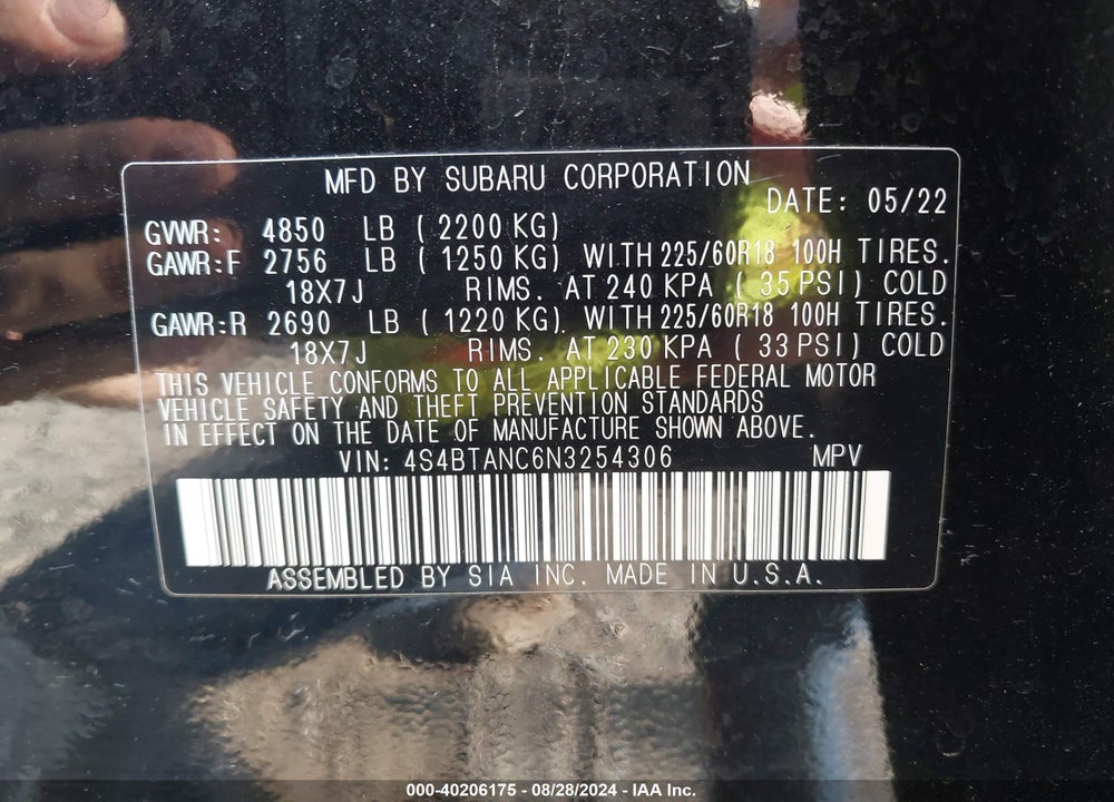2022 SUBARU OUTBACK LIMITED VIN: 4S4BTANC6N3254306
