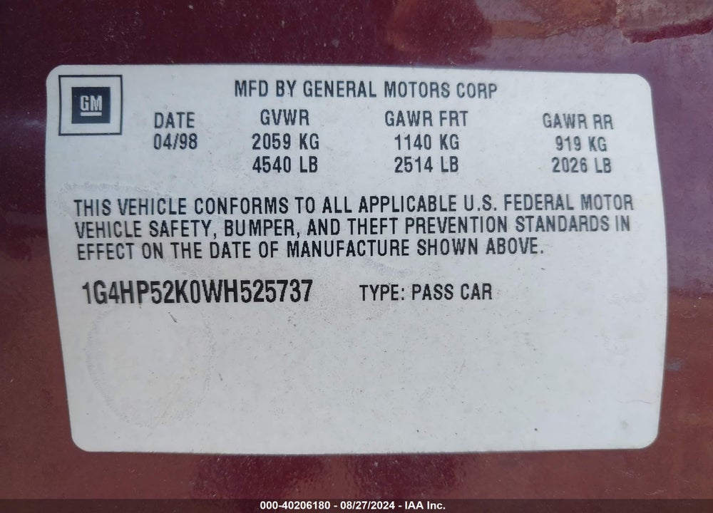 1998 BUICK LESABRE VIN: 1G4HP52K0WH525737