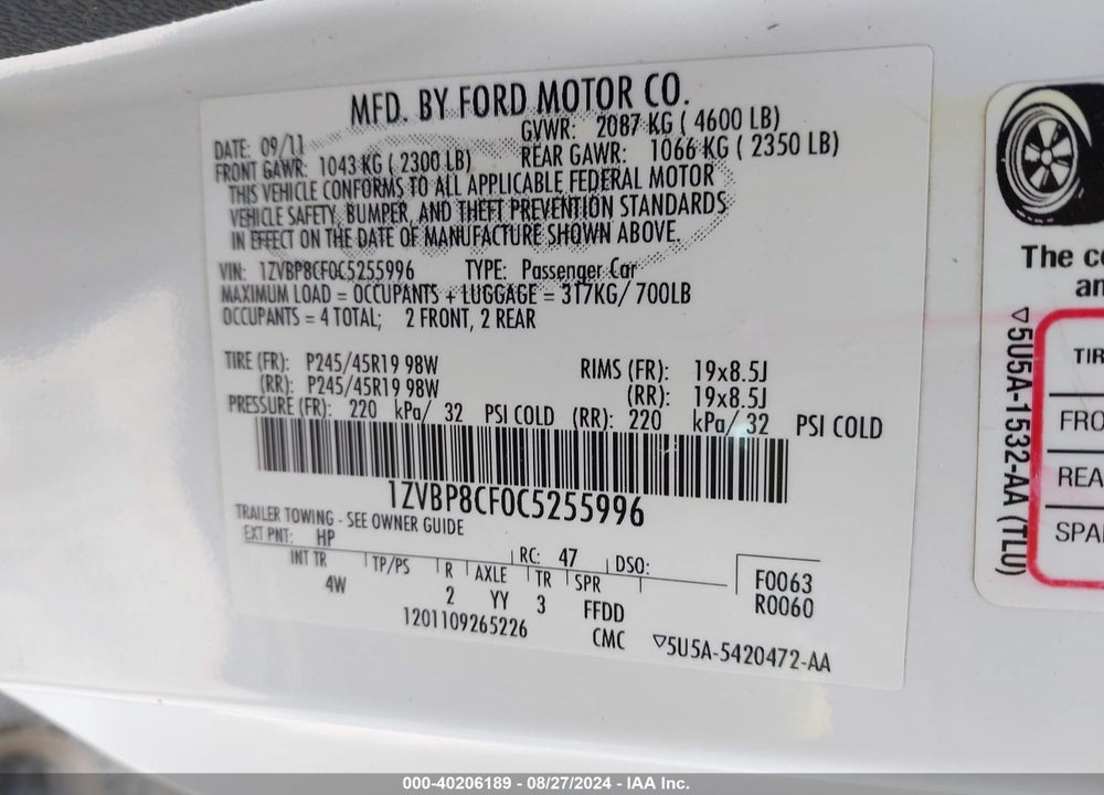 2012 FORD MUSTANG GT PREMIUM VIN: 1ZVBP8CF0C5255996