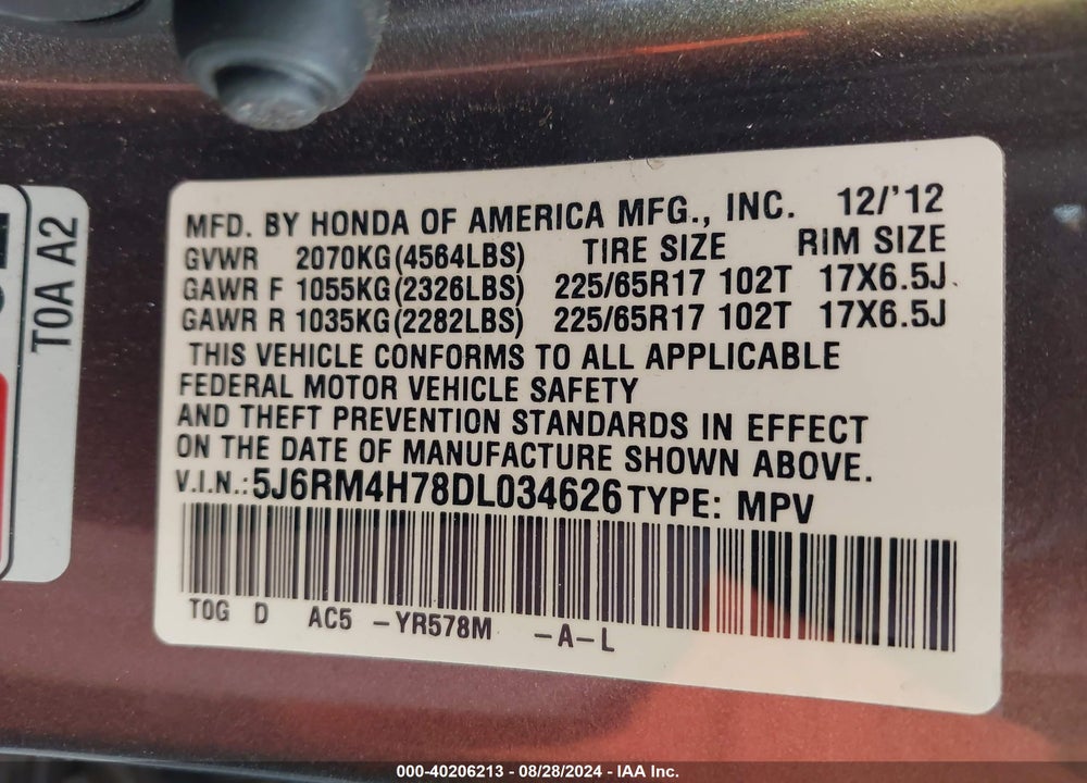 2013 HONDA CR-V EX-L VIN: 5J6RM4H78DL034626