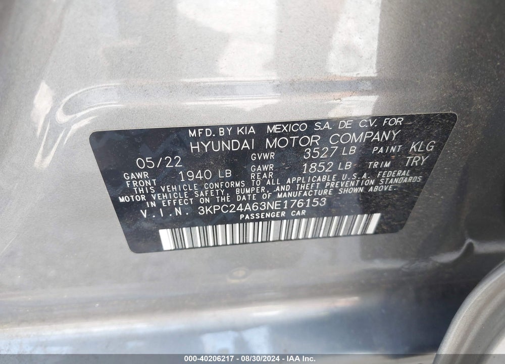 2022 HYUNDAI ACCENT SE VIN: 3KPC24A63NE176153