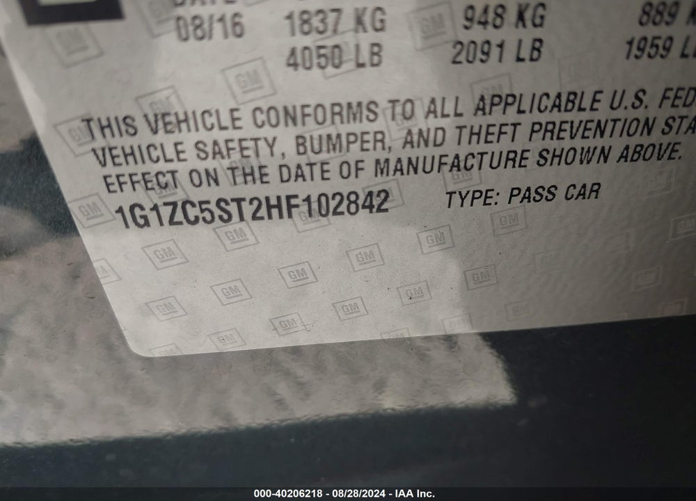 2017 CHEVROLET MALIBU 1FL VIN: 1G1ZC5ST2HF102842