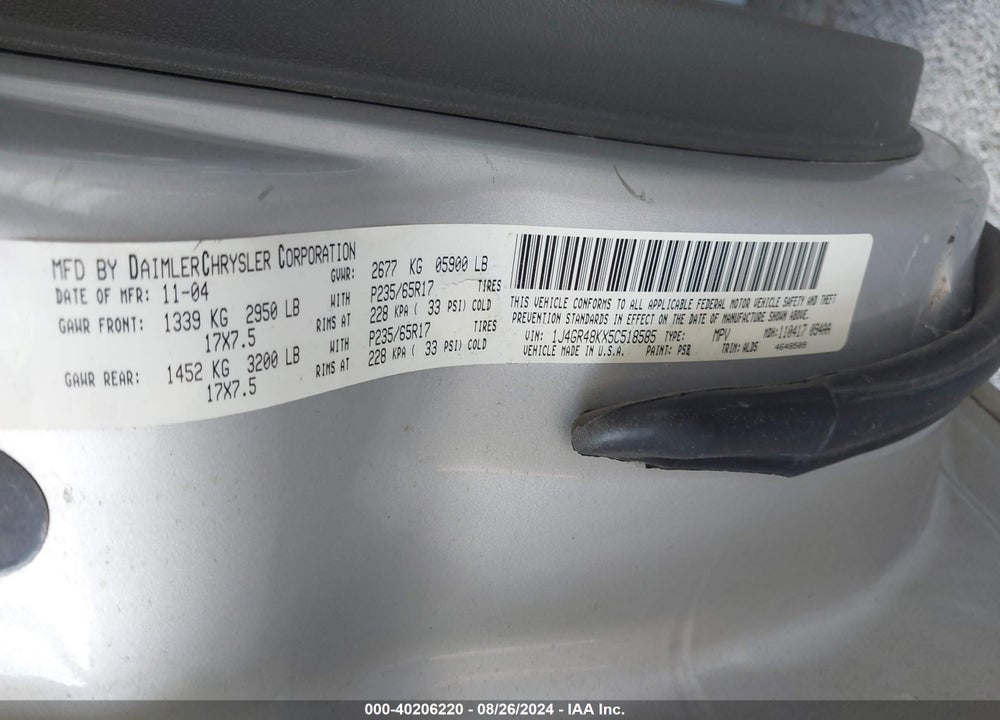 2005 JEEP GRAND CHEROKEE LAREDO VIN: 1J4GR48KX5C518585