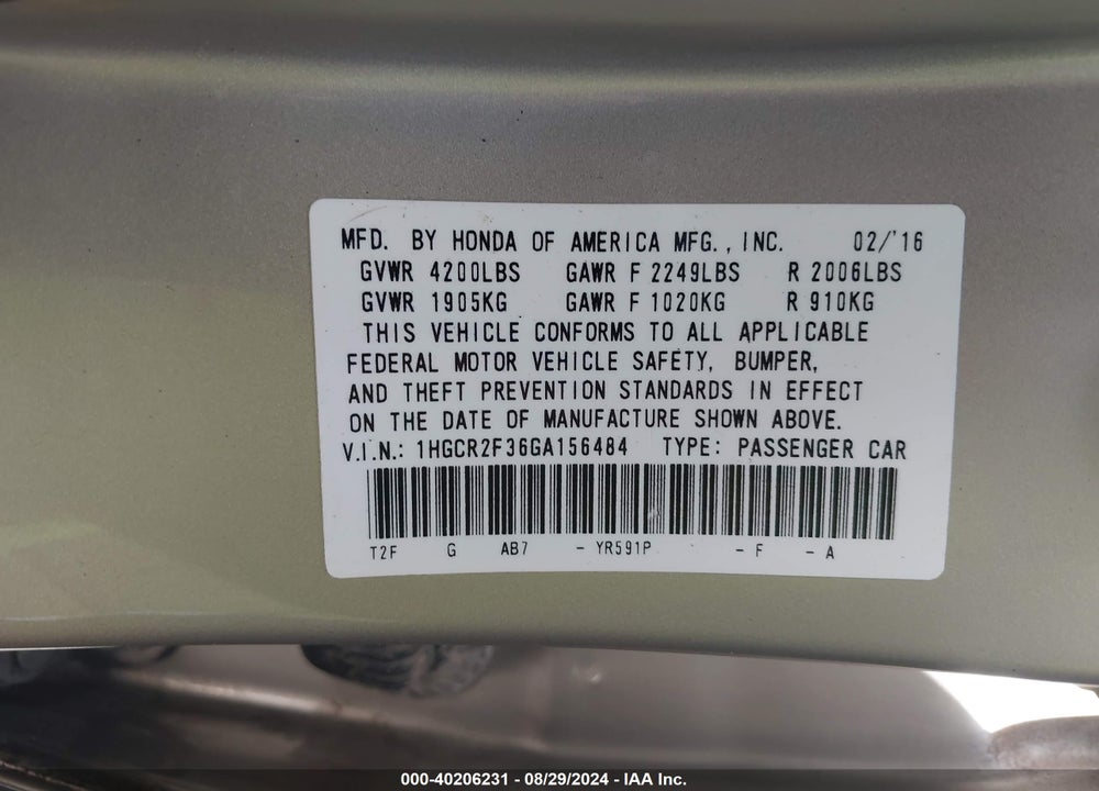 2016 HONDA ACCORD LX VIN: 1HGCR2F36GA156484