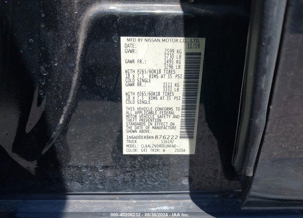 2019 NISSAN FRONTIER SV VIN: 1N6AD0ER8KN876222