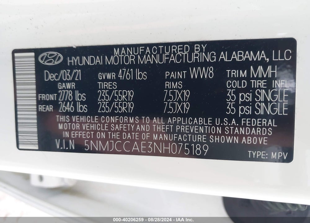 2022 HYUNDAI TUCSON SEL VIN: 5NMJCCAE3NH075189