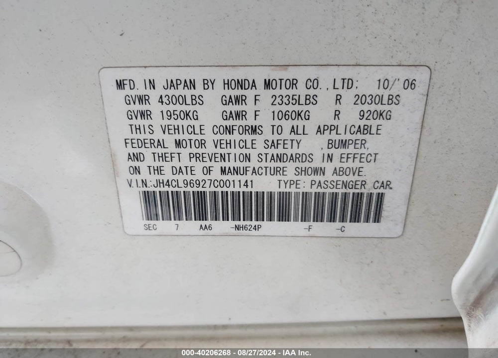 2007 ACURA TSX VIN: JH4CL96927C001141