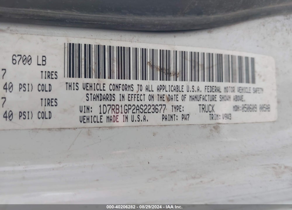 2010 DODGE RAM 1500 ST VIN: 1D7RB1GP2AS223677