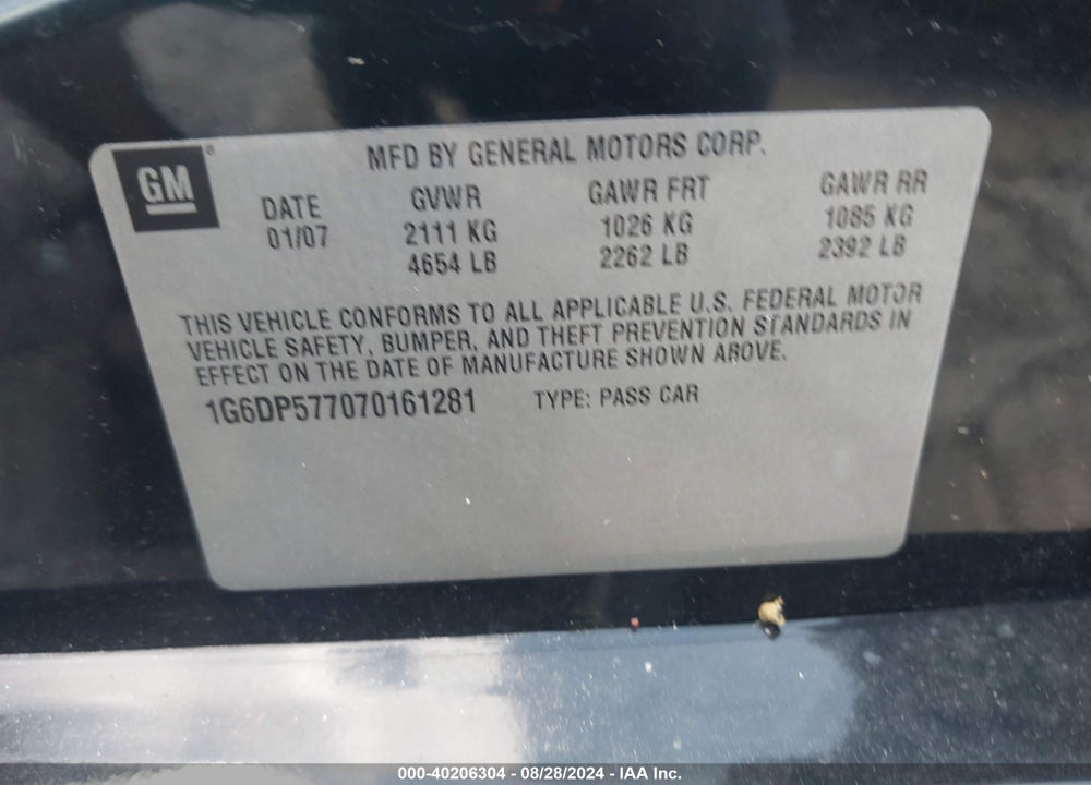 2007 CADILLAC CTS STANDARD VIN: 1G6DP577070161281