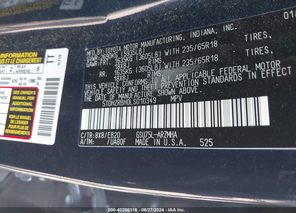 2020 TOYOTA HIGHLANDER XLE VIN: 5TDHZRBH0LS010349