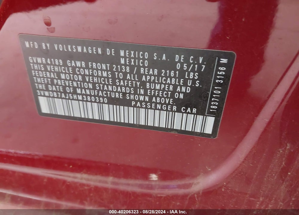 2017 VOLKSWAGEN JETTA 1.4T SE VIN: 3VWDB7AJ5HM380390