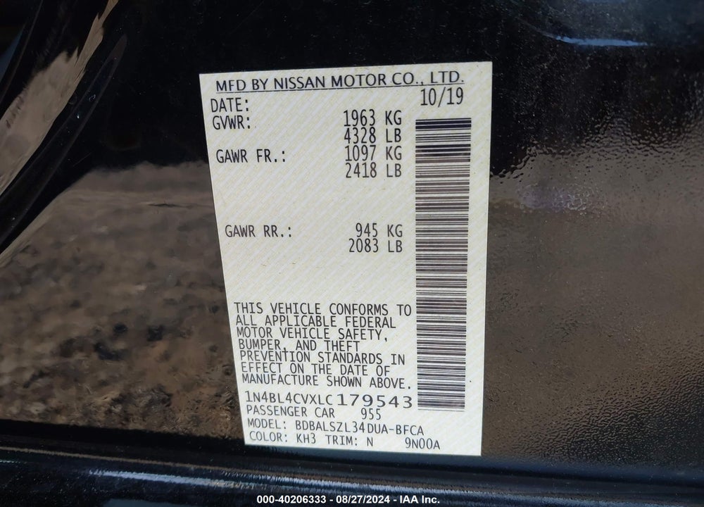 2020 NISSAN ALTIMA SR FWD VIN: 1N4BL4CVXLC179543