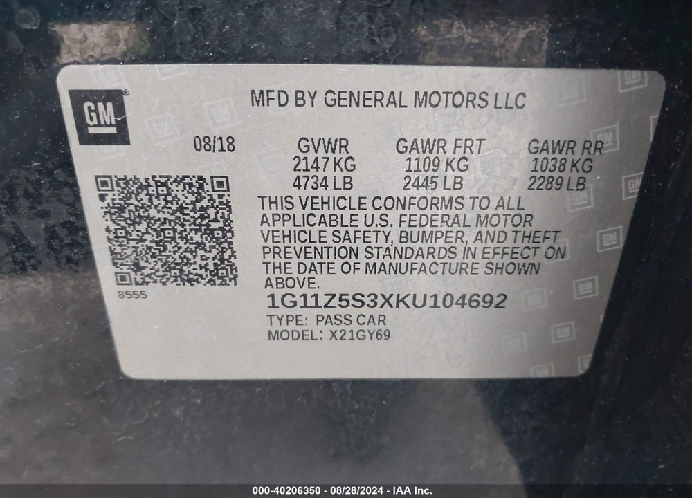 2019 CHEVROLET IMPALA LT VIN: 1G11Z5S3XKU104692