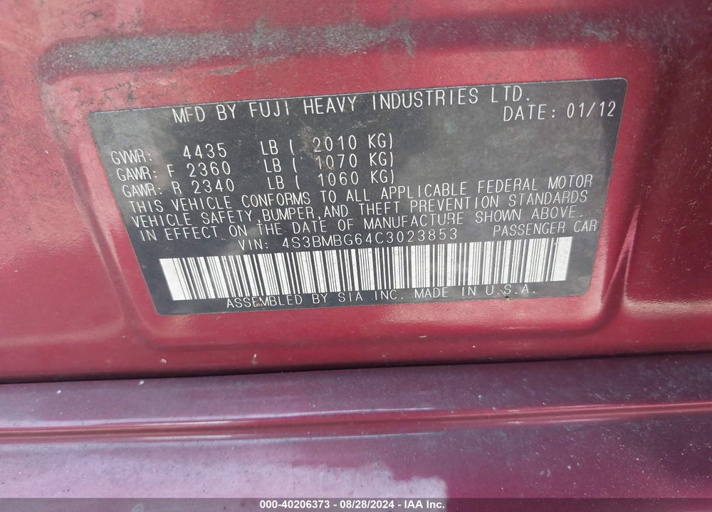 2012 SUBARU LEGACY 2.5I PREMIUM VIN: 4S3BMBG64C3023853