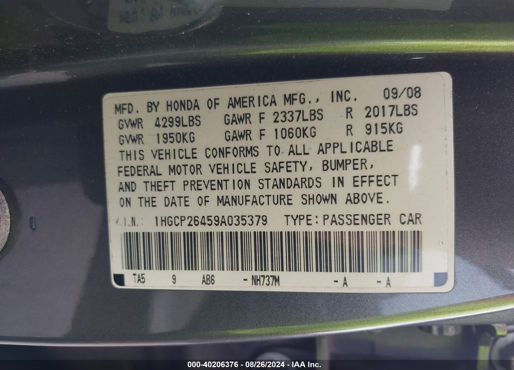 2009 HONDA ACCORD 2.4 LX-P VIN: 1HGCP26459A035379