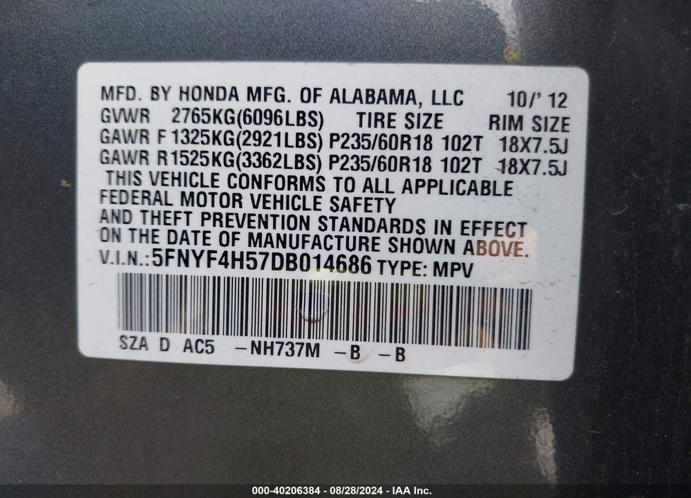 2013 HONDA PILOT EX-L VIN: 5FNYF4H57DB014686