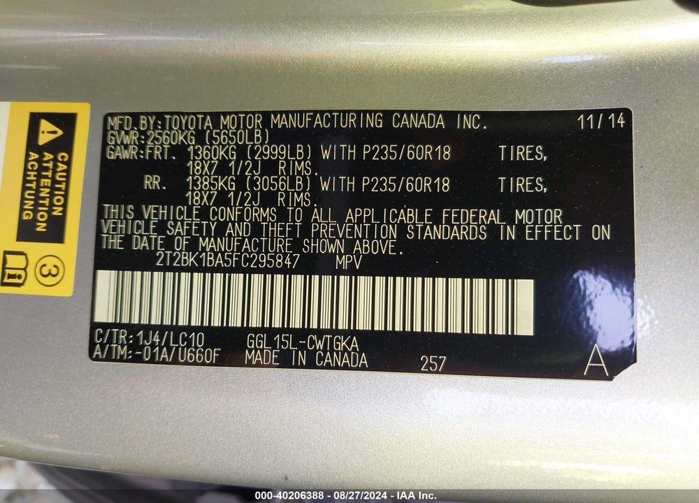 2015 LEXUS RX 350 VIN: 2T2BK1BA5FC295847