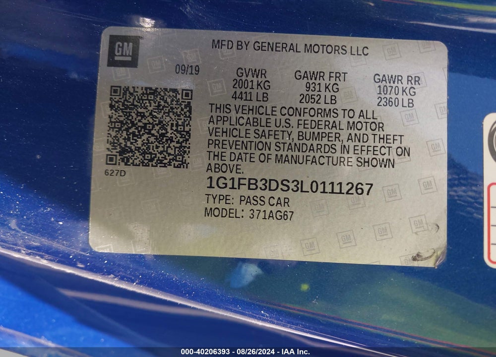 2020 CHEVROLET CAMARO RWD 1LT VIN: 1G1FB3DS3L0111267