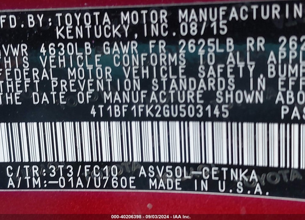 2016 TOYOTA CAMRY LE VIN: 4T1BF1FK2GU503145
