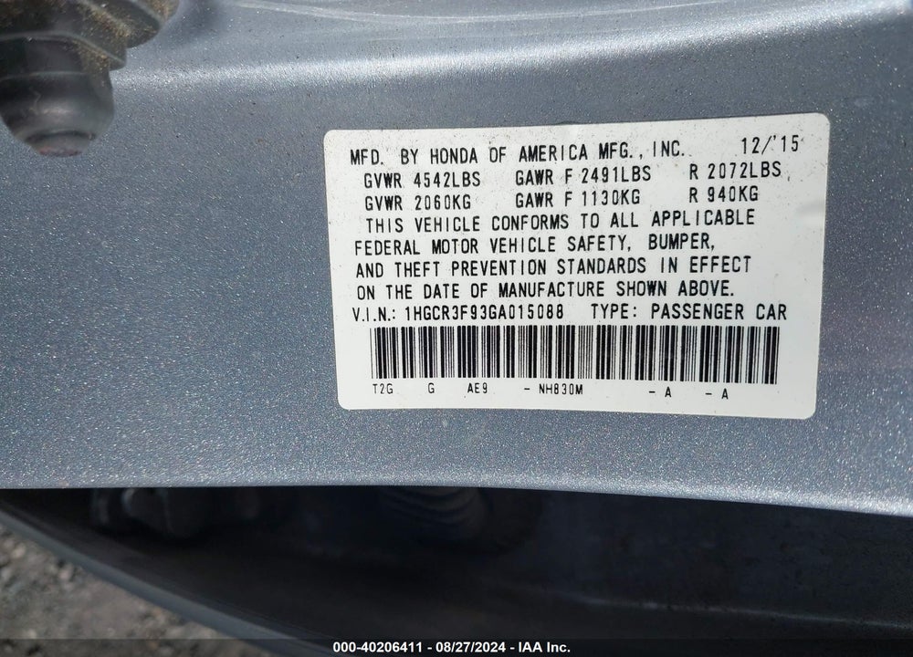 2016 HONDA ACCORD TOURING VIN: 1HGCR3F93GA015088