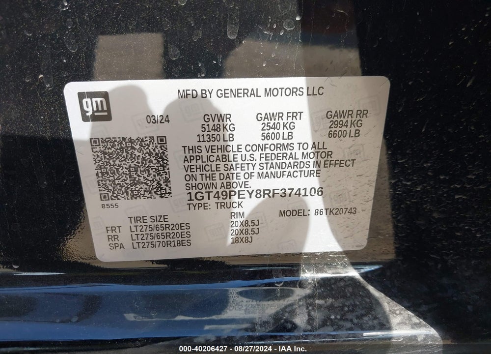 2024 GMC SIERRA 2500HD 4WD STANDARD BED AT4 VIN: 1GT49PEY8RF374106