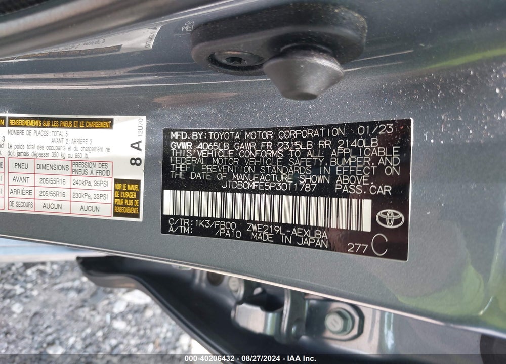 2023 TOYOTA COROLLA HYBRID LE VIN: JTDBCMFE5P3011787