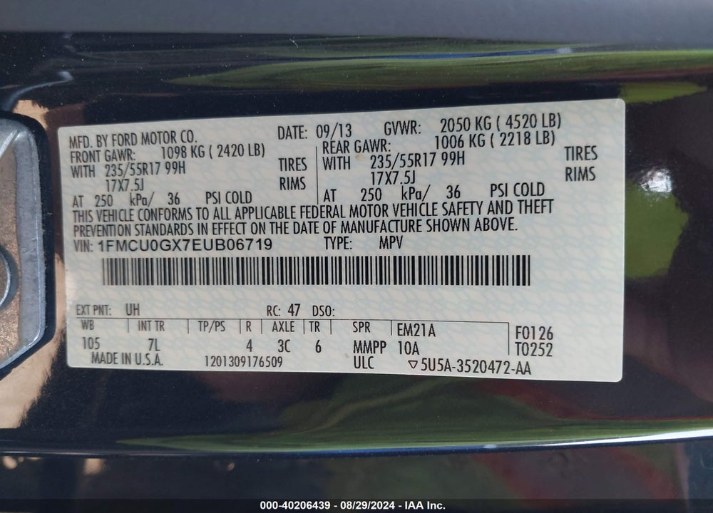 2014 FORD ESCAPE VIN: 1FMCU0GX7EUB06719