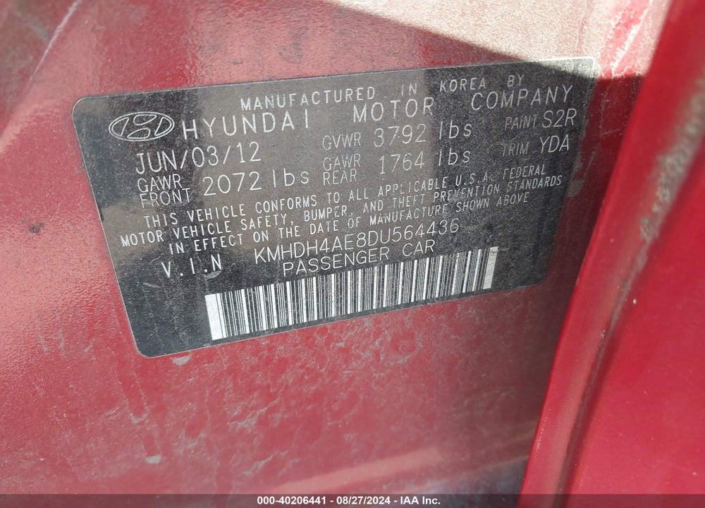 2013 HYUNDAI ELANTRA LIMITED VIN: KMHDH4AE8DU564436