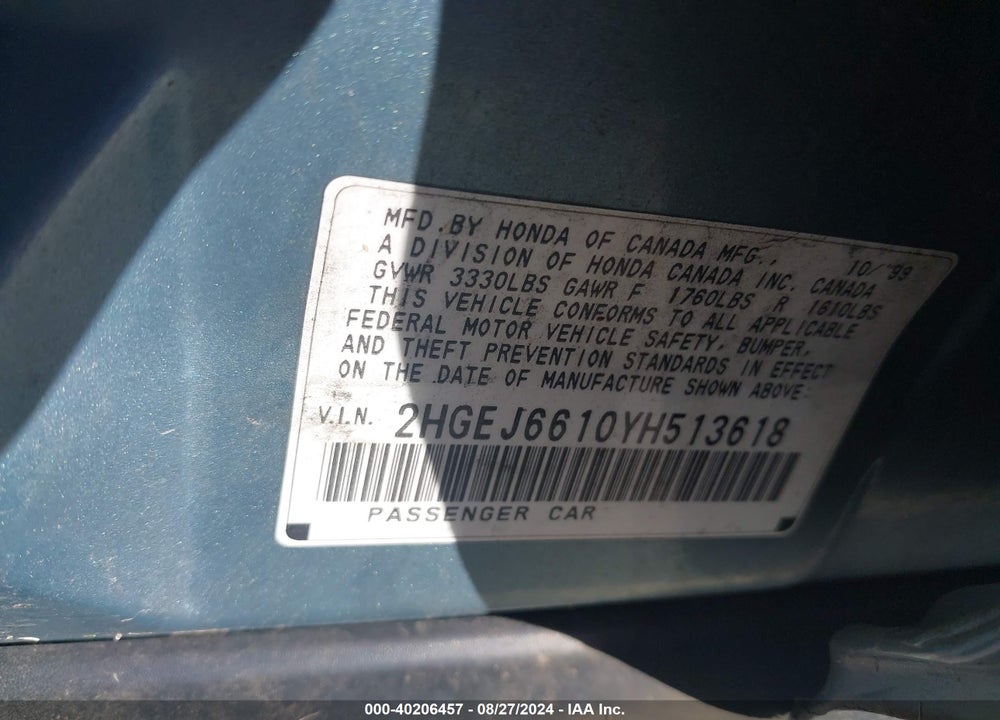 2000 HONDA CIVIC VALUE PACKAGE VIN: 2HGEJ6610YH513618