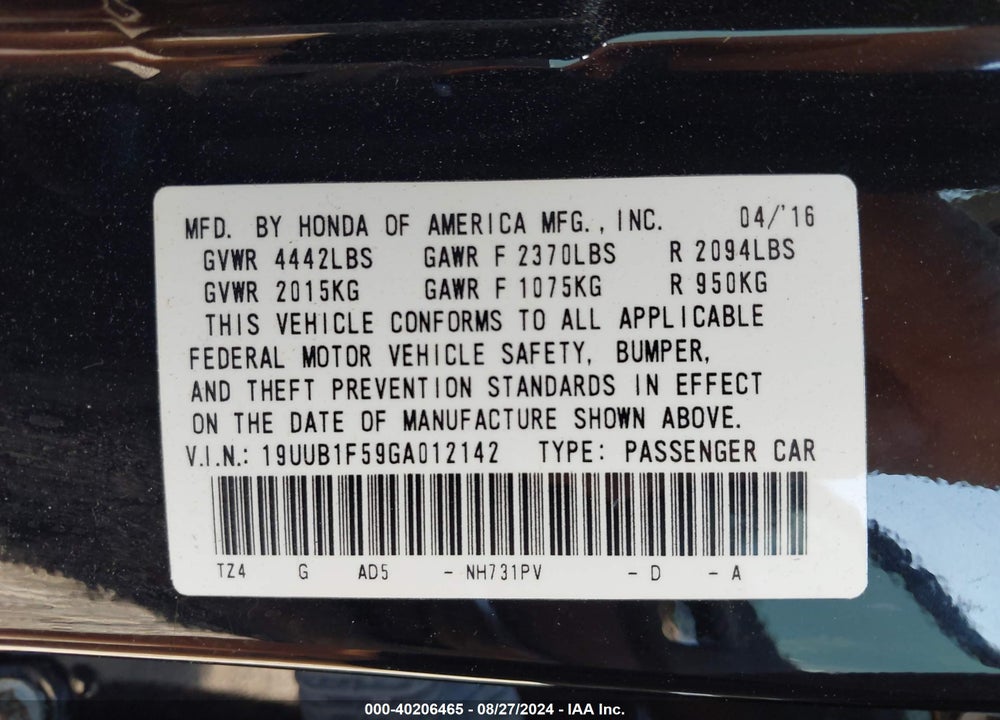 2016 ACURA TLX TECH VIN: 19UUB1F59GA012142