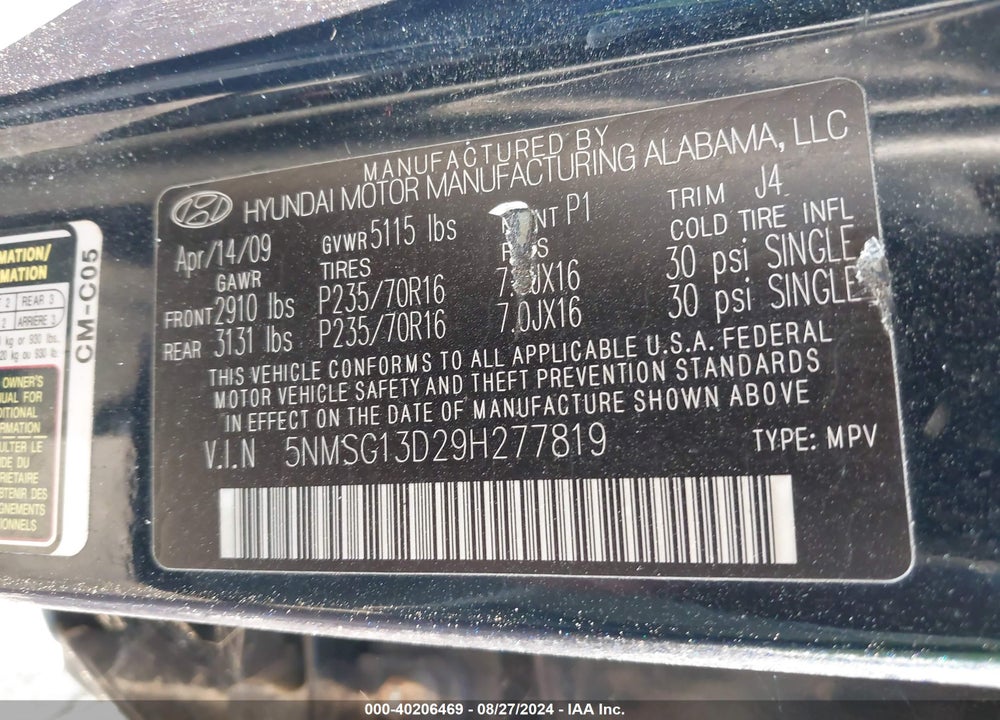 2009 HYUNDAI SANTA FE GLS VIN: 5NMSG13D29H277819