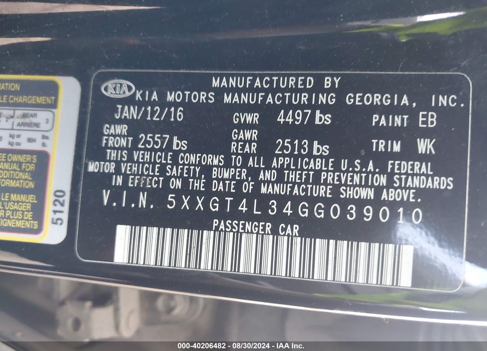 2016 KIA OPTIMA LX VIN: 5XXGT4L34GG039010