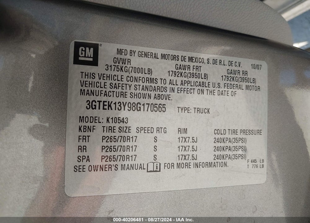 2008 GMC SIERRA 1500 SLT VIN: 3GTEK13Y98G170565