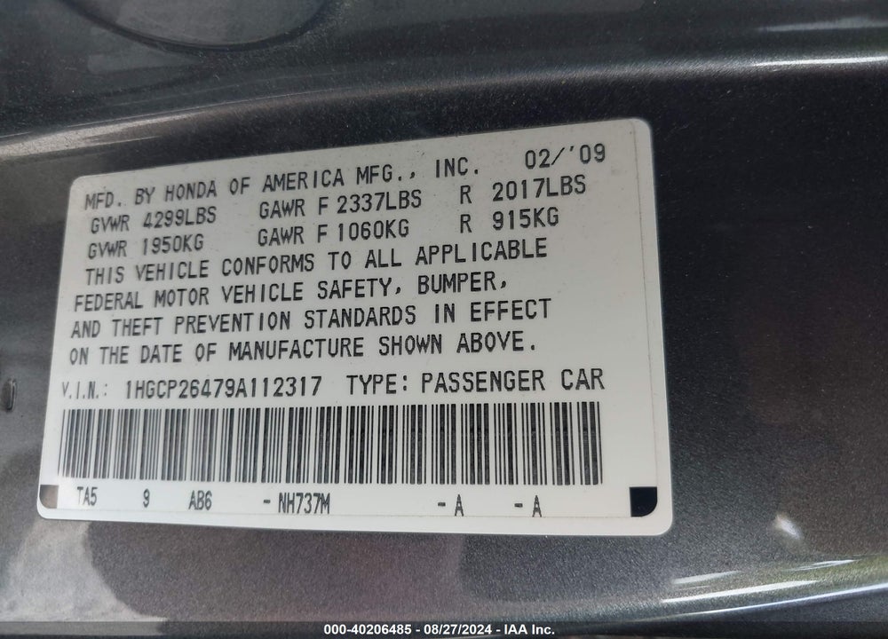 2009 HONDA ACCORD 2.4 LX-P VIN: 1HGCP26479A112317