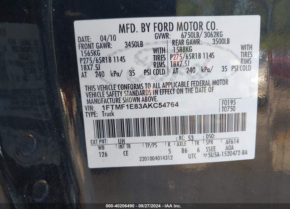 2010 FORD F-150 STX/XL/XLT VIN: 1FTMF1E83AKC54764