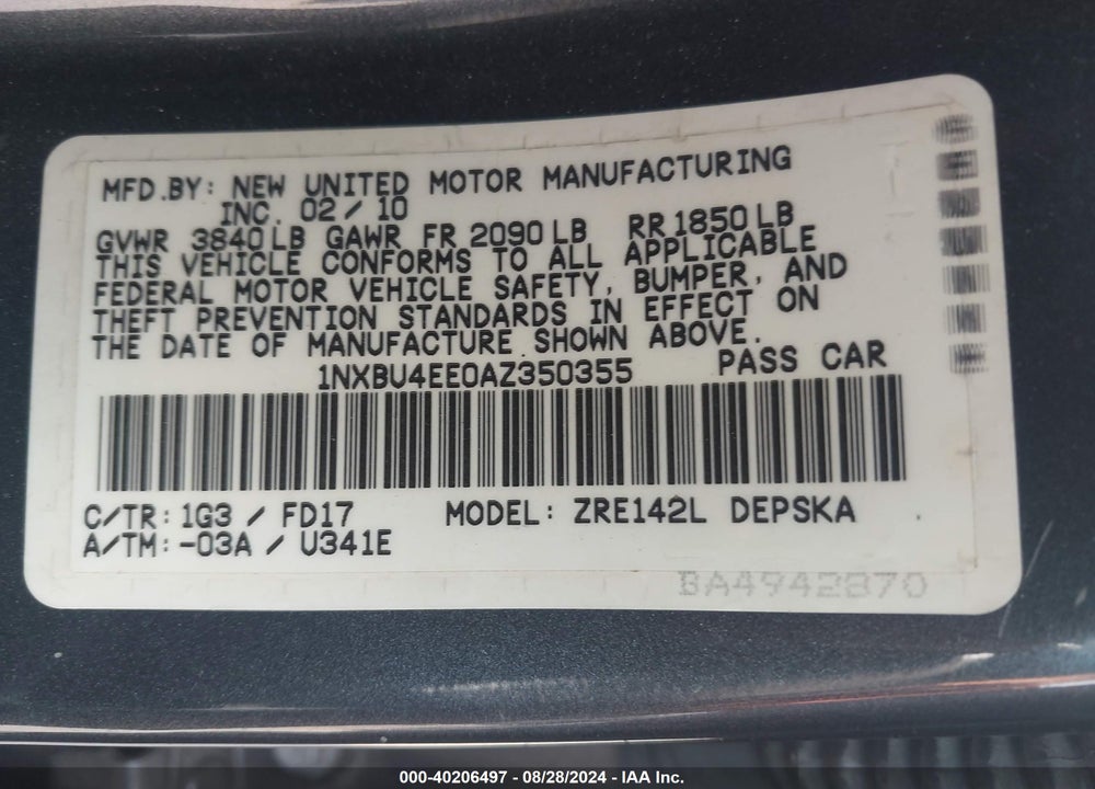 2010 TOYOTA COROLLA S VIN: 1NXBU4EE0AZ350355