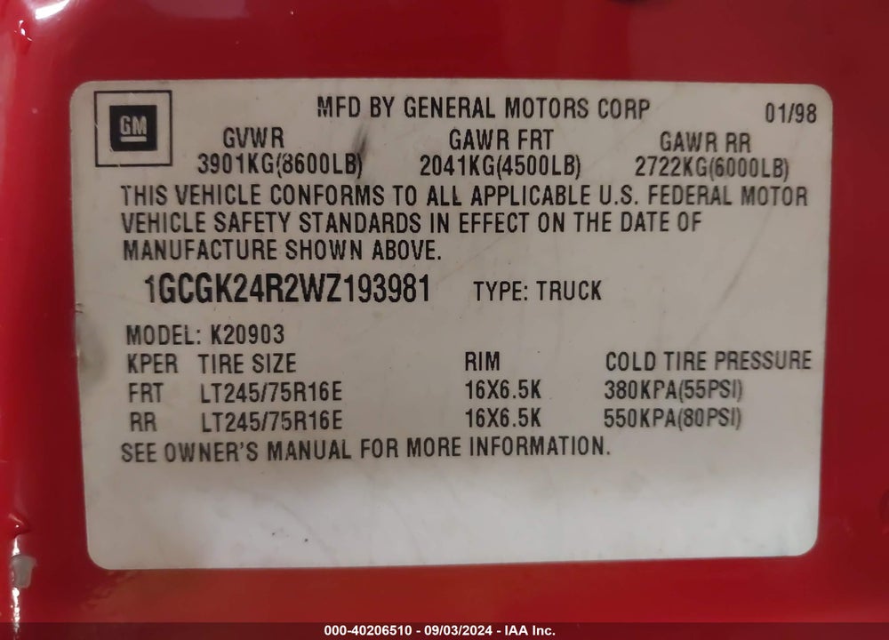 1998 CHEVROLET K2500 FLEETSIDE VIN: 1GCGK24R2WZ193981